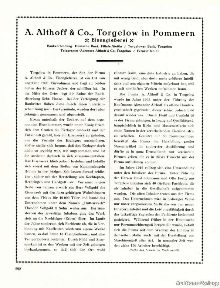 Eisengiesserei Althoff In Torgelow Xl Reklame 1924 Werbung Ebay